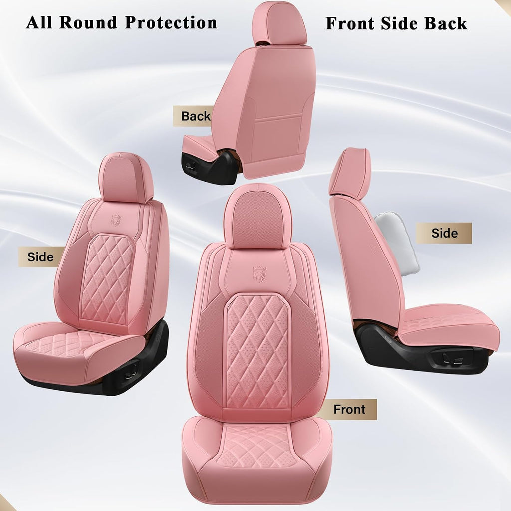 coverado car seat covers full set, pink leather, front angle view