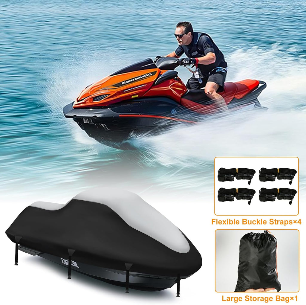 Waterproof Jet Ski Covers,Upgraded 420D Heavy Duty Motorboat Cover,2 Air Vent Marine Grade UV Resistant for Waverunner Polaris from 126" to 135"(Silver Black)