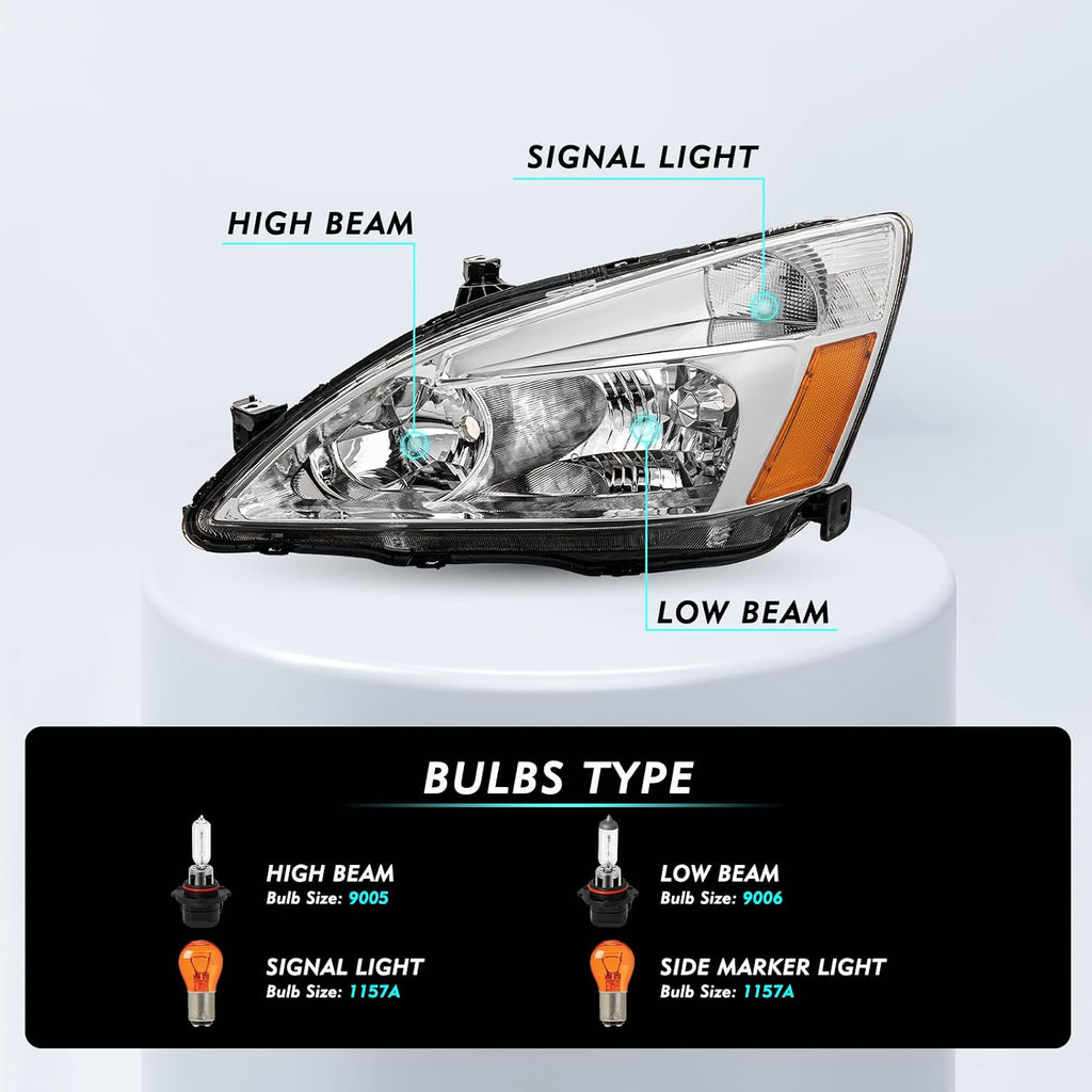 TUSDAR Headlight Assembly Replacement for 2003-2007 Honda Accord [Factory Halogen Type] Headlamp Chrome Housing with Amber Reflector (Driver Left Side)