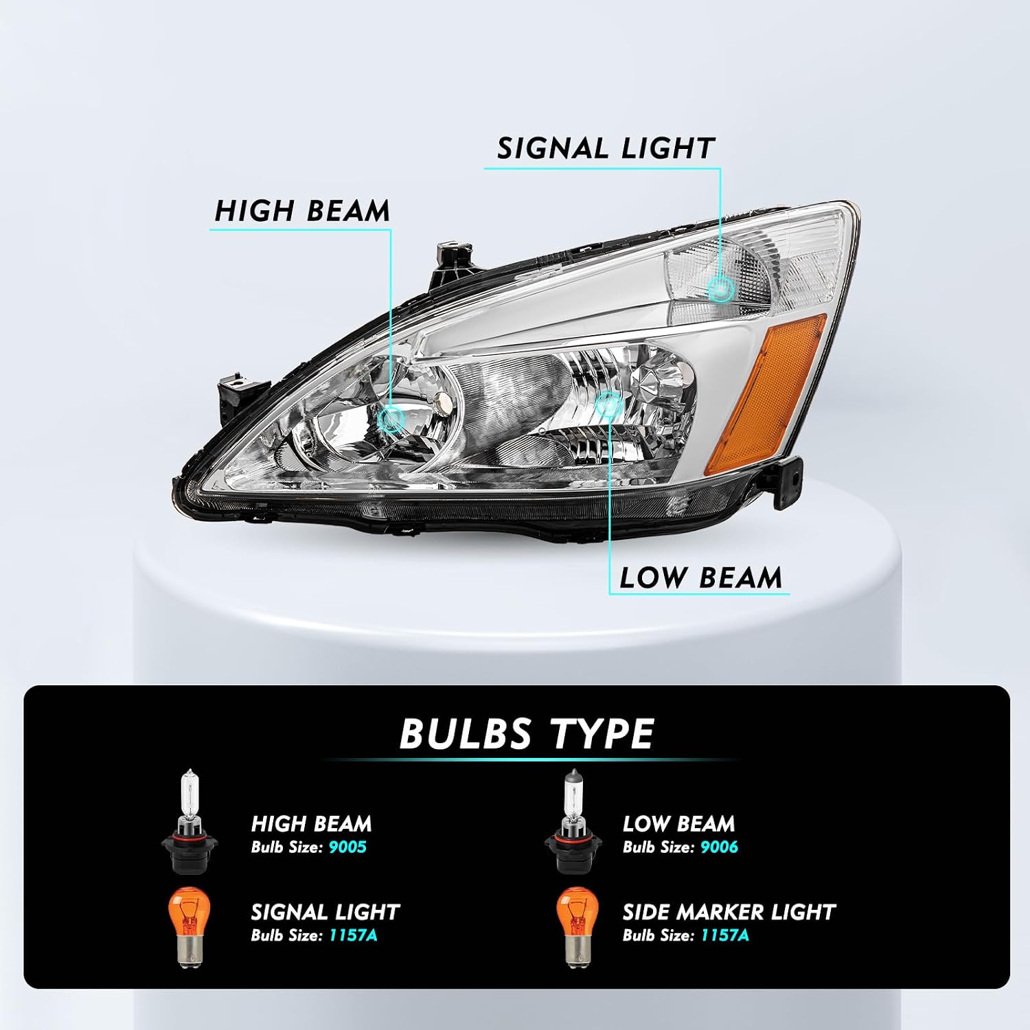TUSDAR Headlight Assembly Replacement for 2003-2007 Honda Accord [Factory Halogen Type] Headlamp Chrome Housing with Amber Reflector (Driver Left Side)