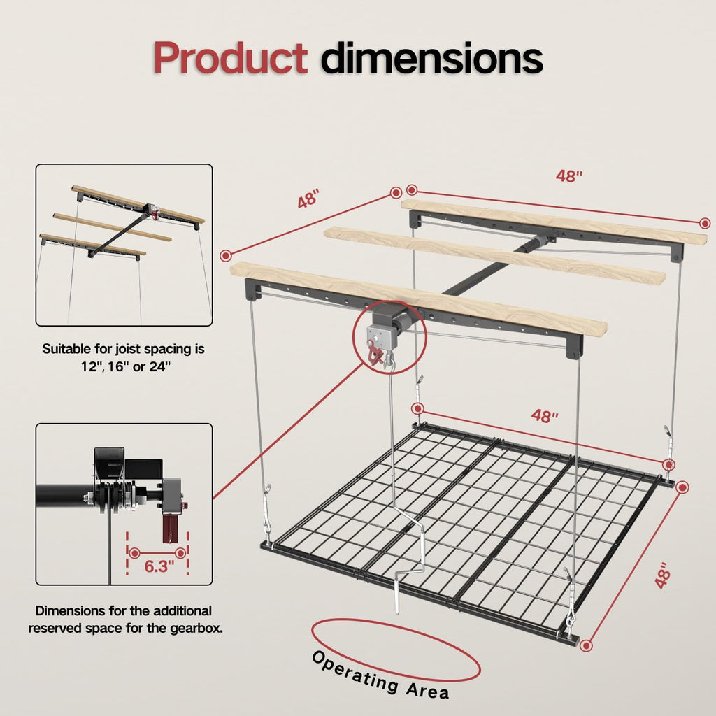 overhead garage storage lift, 4x4 ft ceiling storage, close-up detail