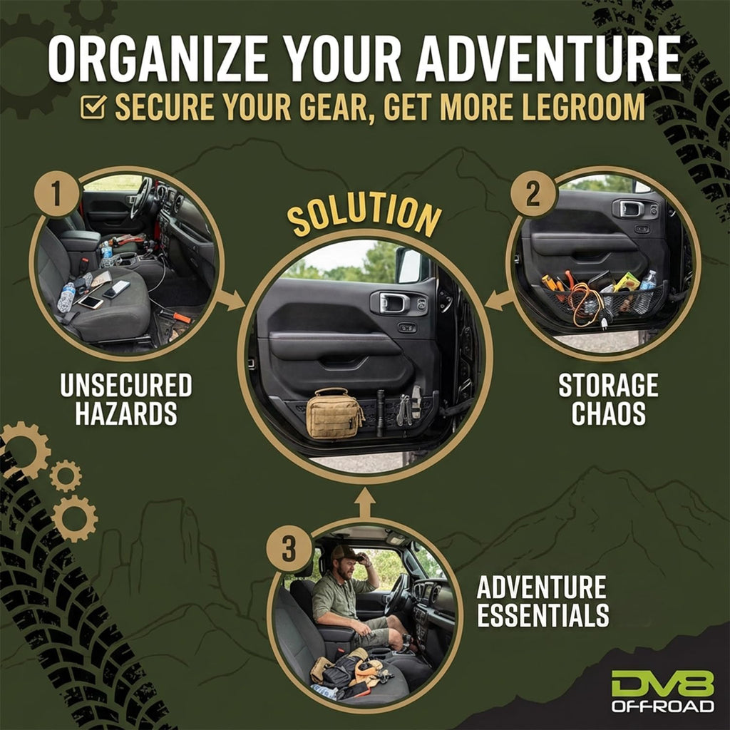 DV8 Offroad Slim Jeep Front Door Storage Pockets Compatible with 2018-2026 Jeep Wrangler JL & 2020-2026 Gladiator JT - Molle Jeep Door Pockets & Net Replacement, Slimmer Design for Improved Legroom