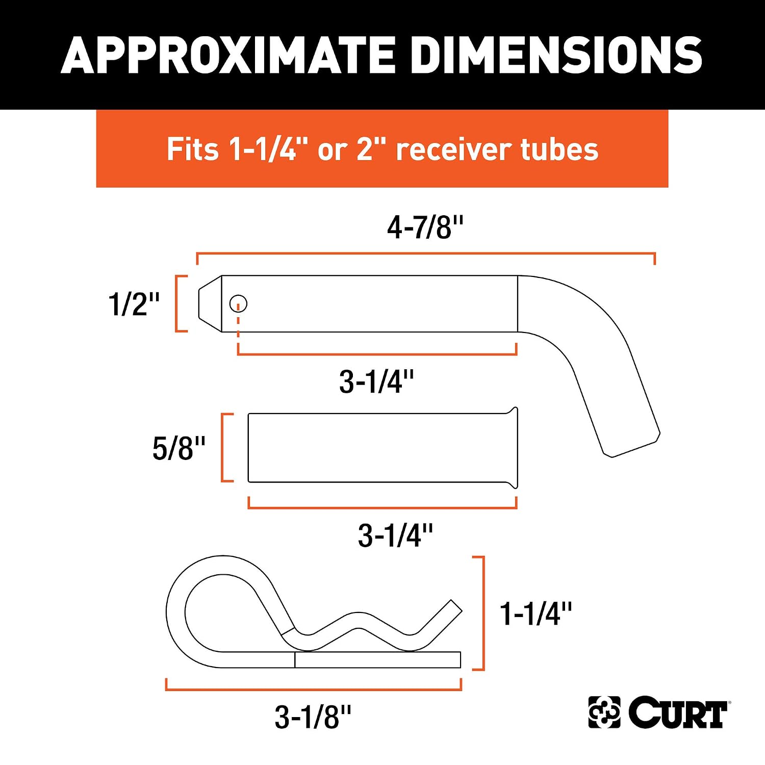 CURT 21502 Trailer Hitch Pin & Clip, 1/2-Inch Diameter with 5/8-Inch Adapter, Fits 1-1/4 or 2-Inch Receiver