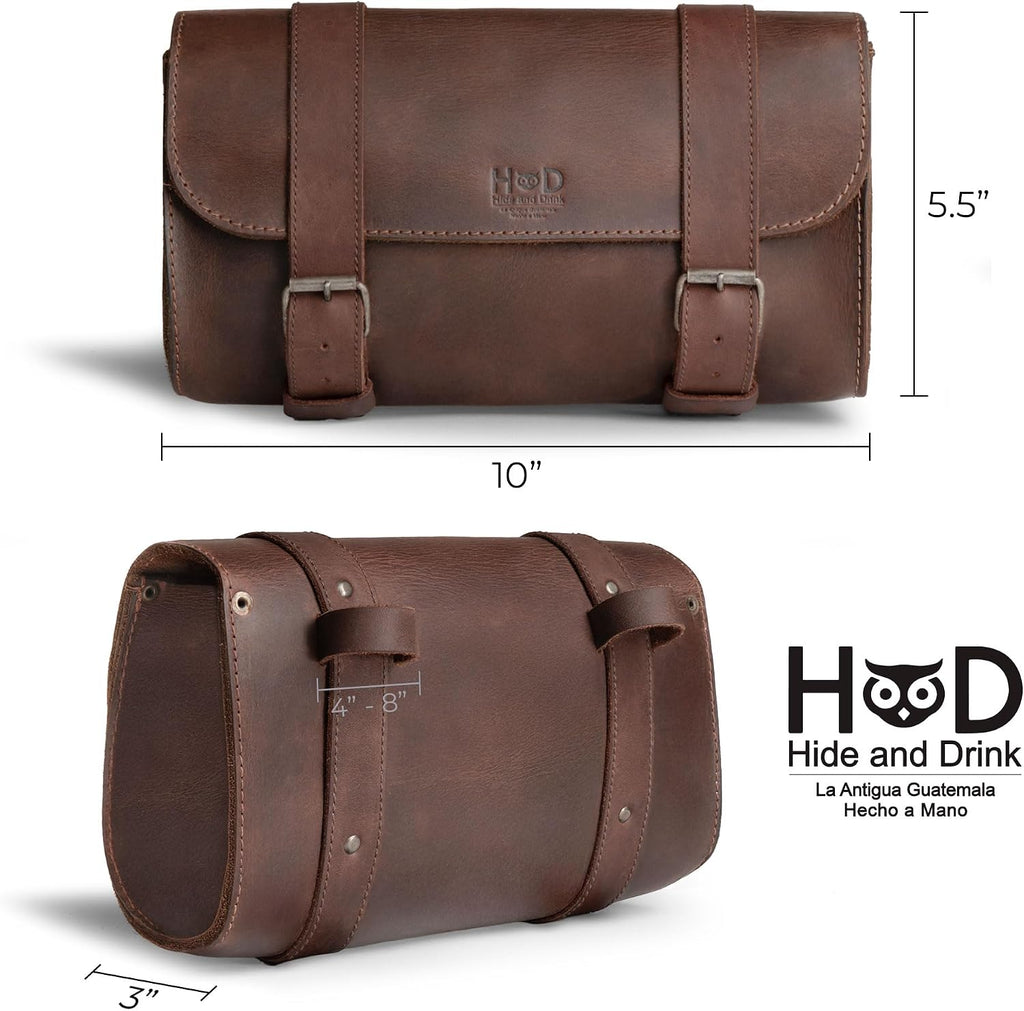 Hide & Drink, Motorcycle Handlebar Bag with 2 Adjustable Straps, Tool Organizer, Motorbike Pouch, Saddle Bag for Bike Commuters, Barrel, Full Grain Leather, Handmade, Bourbon Brown
