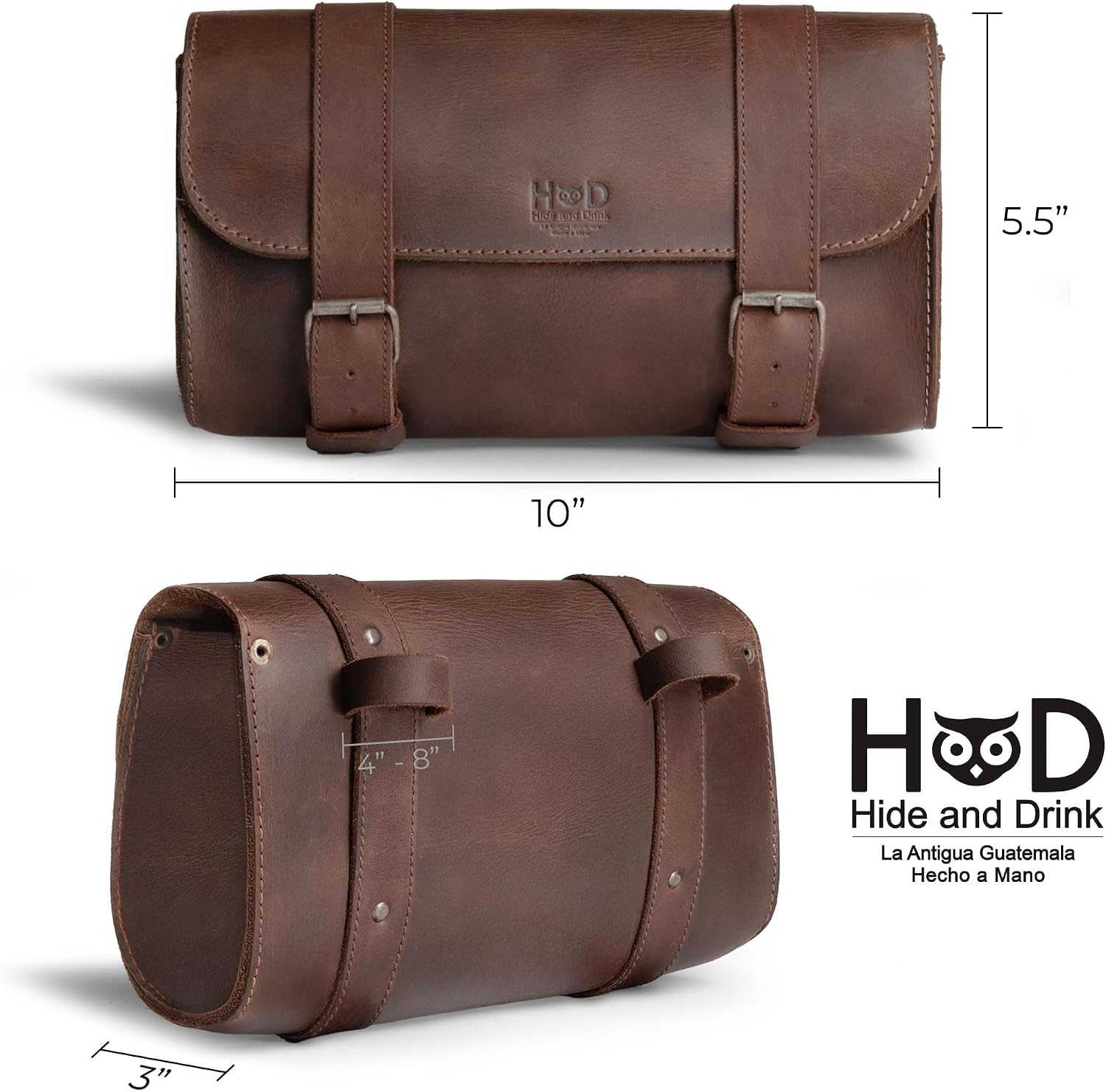 Hide & Drink, Motorcycle Handlebar Bag with 2 Adjustable Straps, Tool Organizer, Motorbike Pouch, Saddle Bag for Bike Commuters, Barrel, Full Grain Leather, Handmade, Bourbon Brown