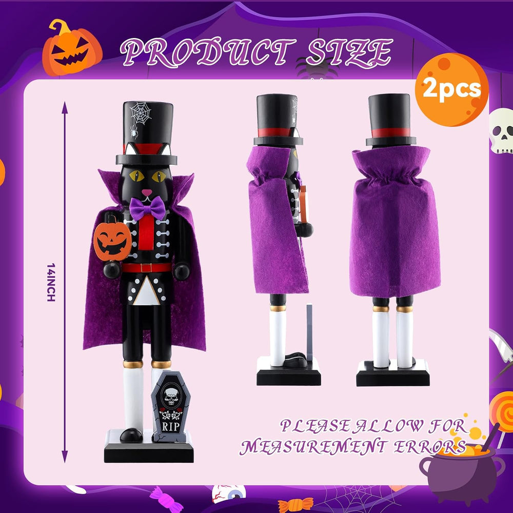 RattanView 2 Pcs Halloween Nutcracker 14 Inch Wooden Witch Black Cat Figure