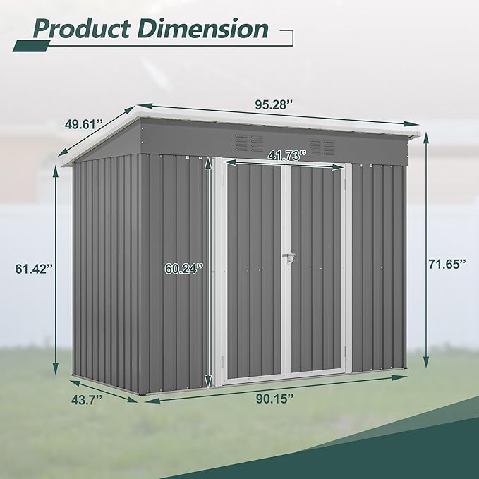 Outdoor Storage Shed, 8 X 4ft Metal Galvanized Steel Garden Shed - Image 2