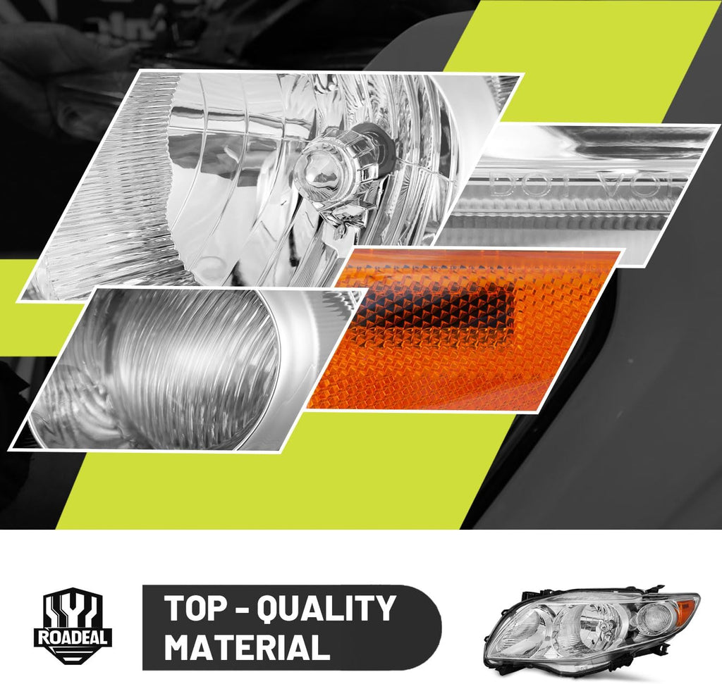 Headlights Assembly for 2009-2010 Toyota Corolla Halogen Headlamp Replacement Chrome Housing Amber Reflector Passenger and Driver Side