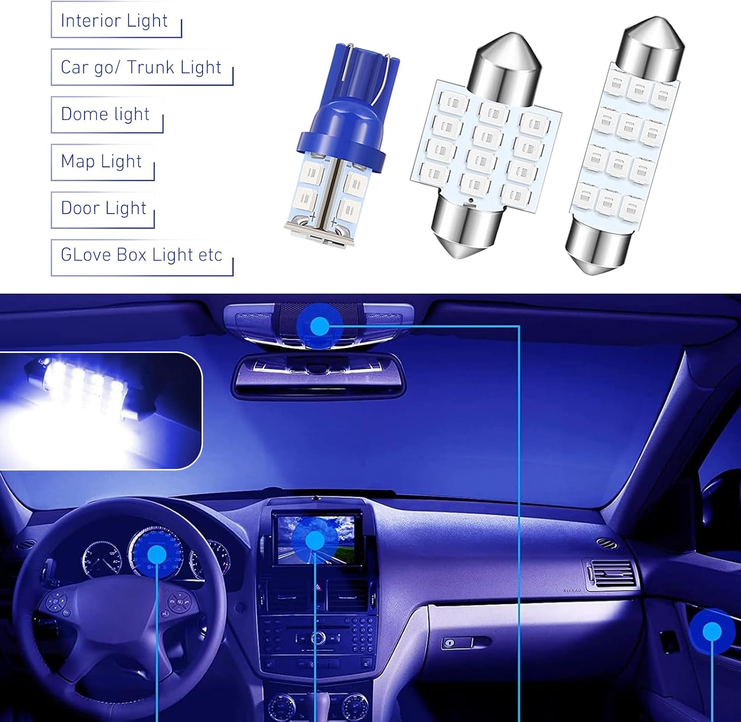 24PCS Car Interior LED Lights Kit Set, T10 31mm 42mm LED Interior Replacement Bulbs, Blue Interior Cars Light, for Dome Map License Plate Bulbs Door Side Marker Cornering (Blue)