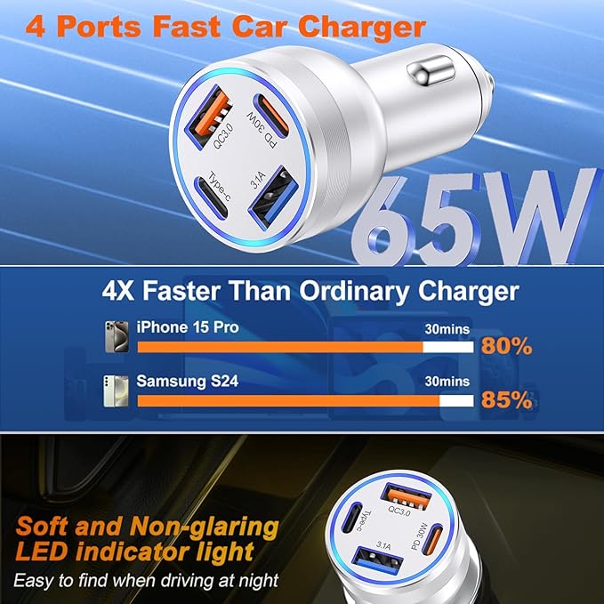 Car Charger USB C, 4 in 1 65W Fast Charging 4-Port Dual USBC & USB A Car Phone - Image 2