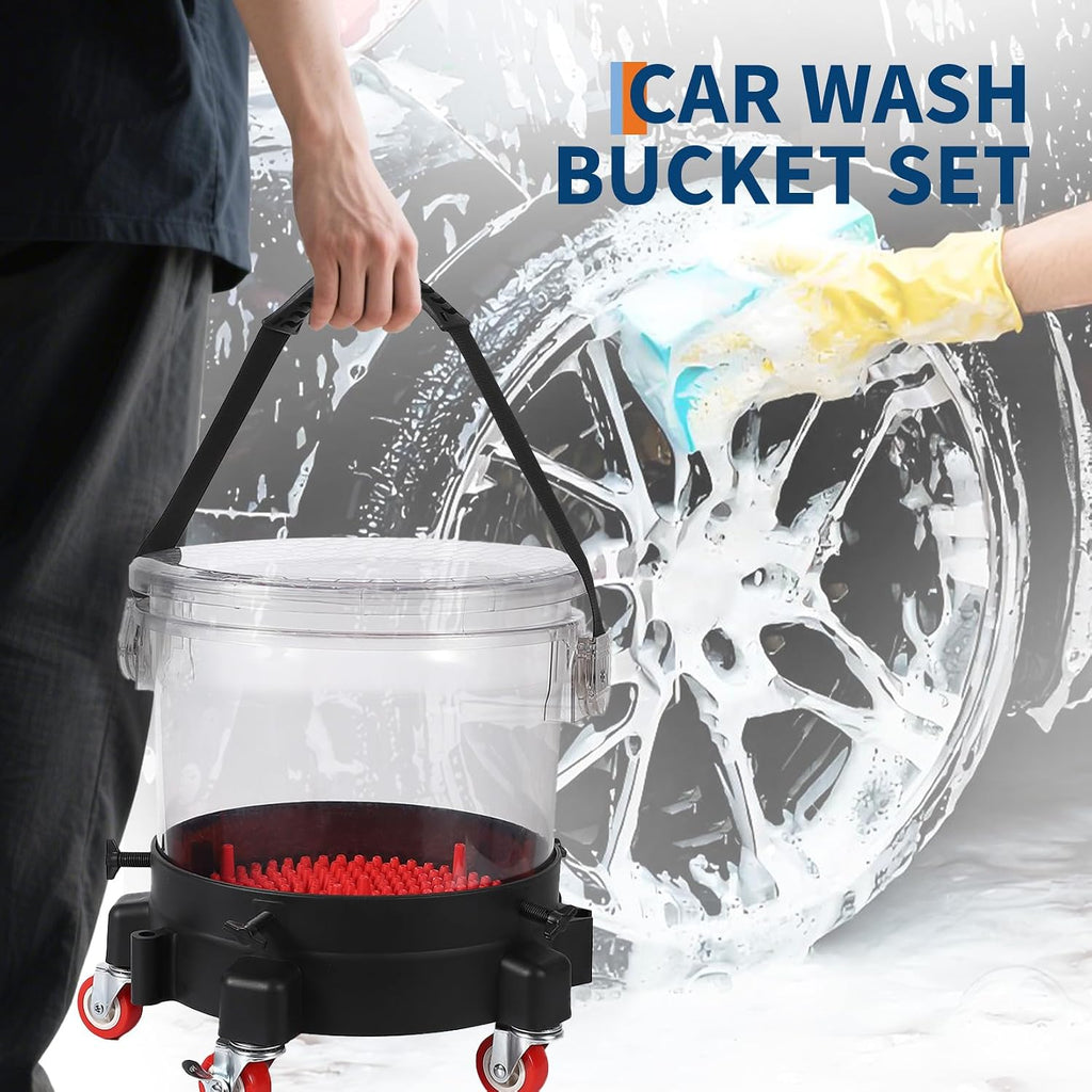 GarveeTech 5 gal Car Wash Bucket Kit 300 LBS Capacity - Includes Grit Trap, 5-Caster Dolly, Rubber Handle & Lid, Professional Detailing Kit for Auto Cleaning, Transparent