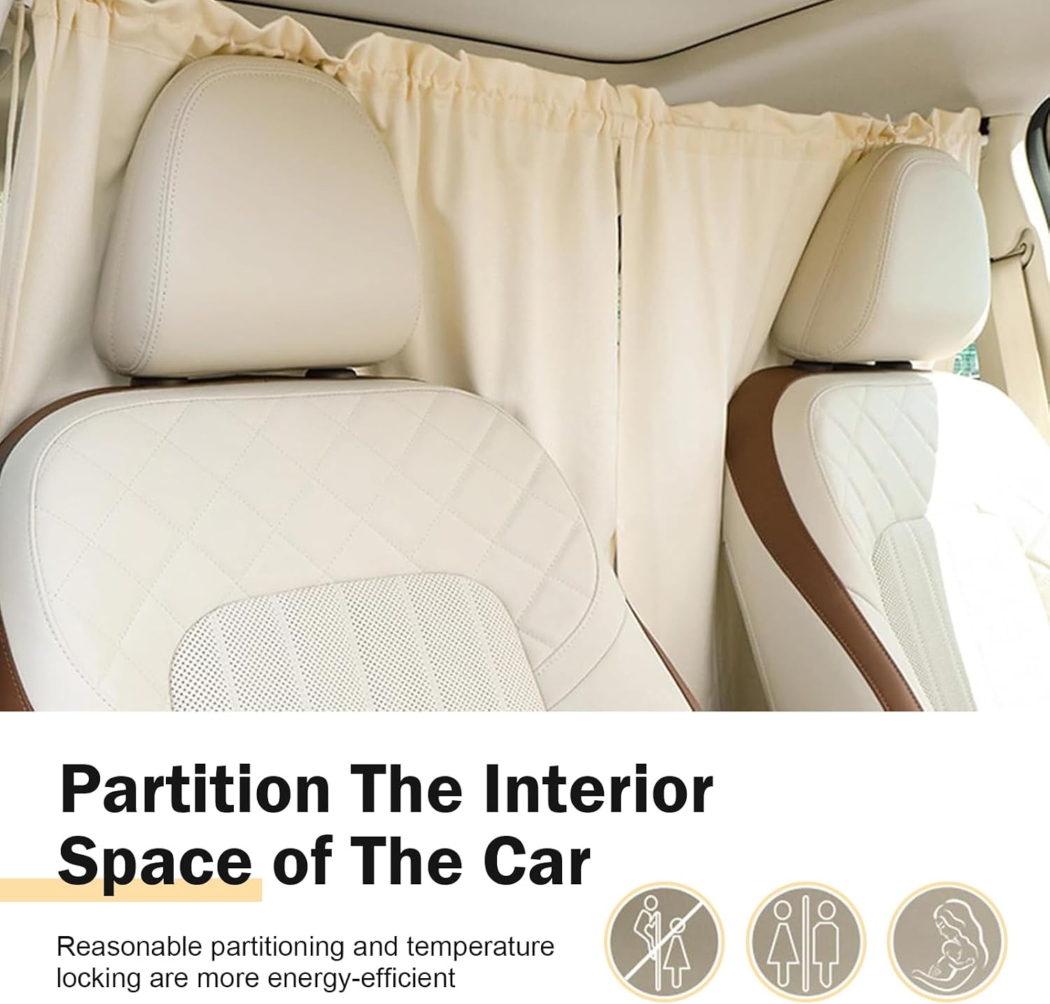 Car Privacy Curtain, Front and Rear Seat Partition Curtain, 3D Floral Tassel Edge Cotton Blackout Curtain, Suitable for Most Sedans (Beige)