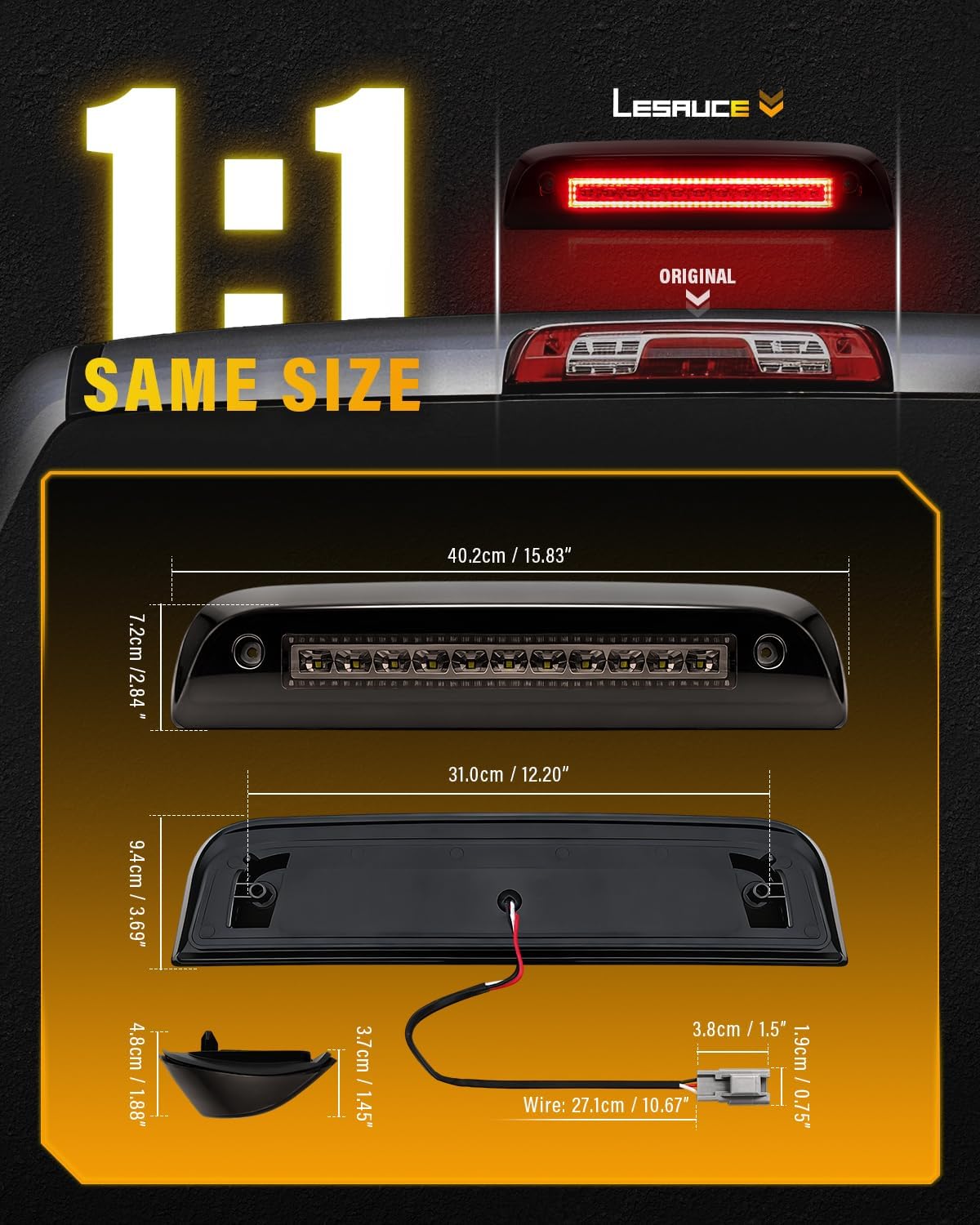 LESAUCE 2026 Upgraded 3rd Third Brake Light for 2014-2018 Chevy Silverado GMC Sierra 1500 2500 3500 HD Classic LED Cargo Light High Mount Stop light, Black Chrome Housing