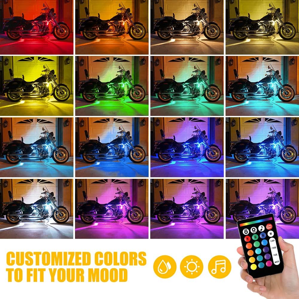 Xprite Motorcycle RGB LED Light Kit Waterproof w/Wireless Remote Control Underglow Neon Lights Strips Red Brake Lamp Function for Harley Davidson Honda Kawasaki Suzuki 8PCS