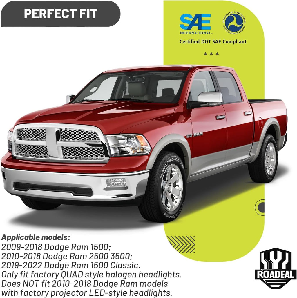 Headlights for 2009-2018 Dodge Ram 1500, for 2010-2018 Dodge Ram 2500 3500 with High/Low beam Bulbs, Driver & Passenger Side(ONLY fit Quad-Hole Single Headlight)