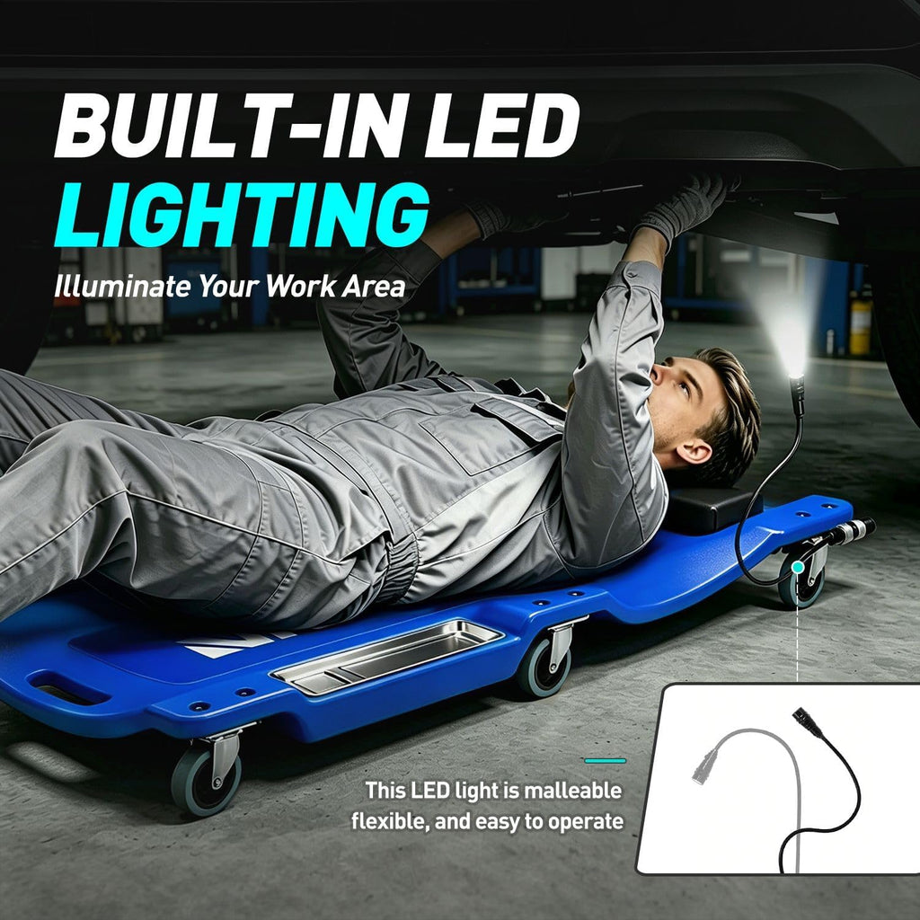 DNA Motoring 40 Inch Low Profile Plastic Rolling Garage Shop Floor Creeper with LED Light, Padded Headrest, Dual Tool Trays, Casters, Blue, TOOLS-00389-BL