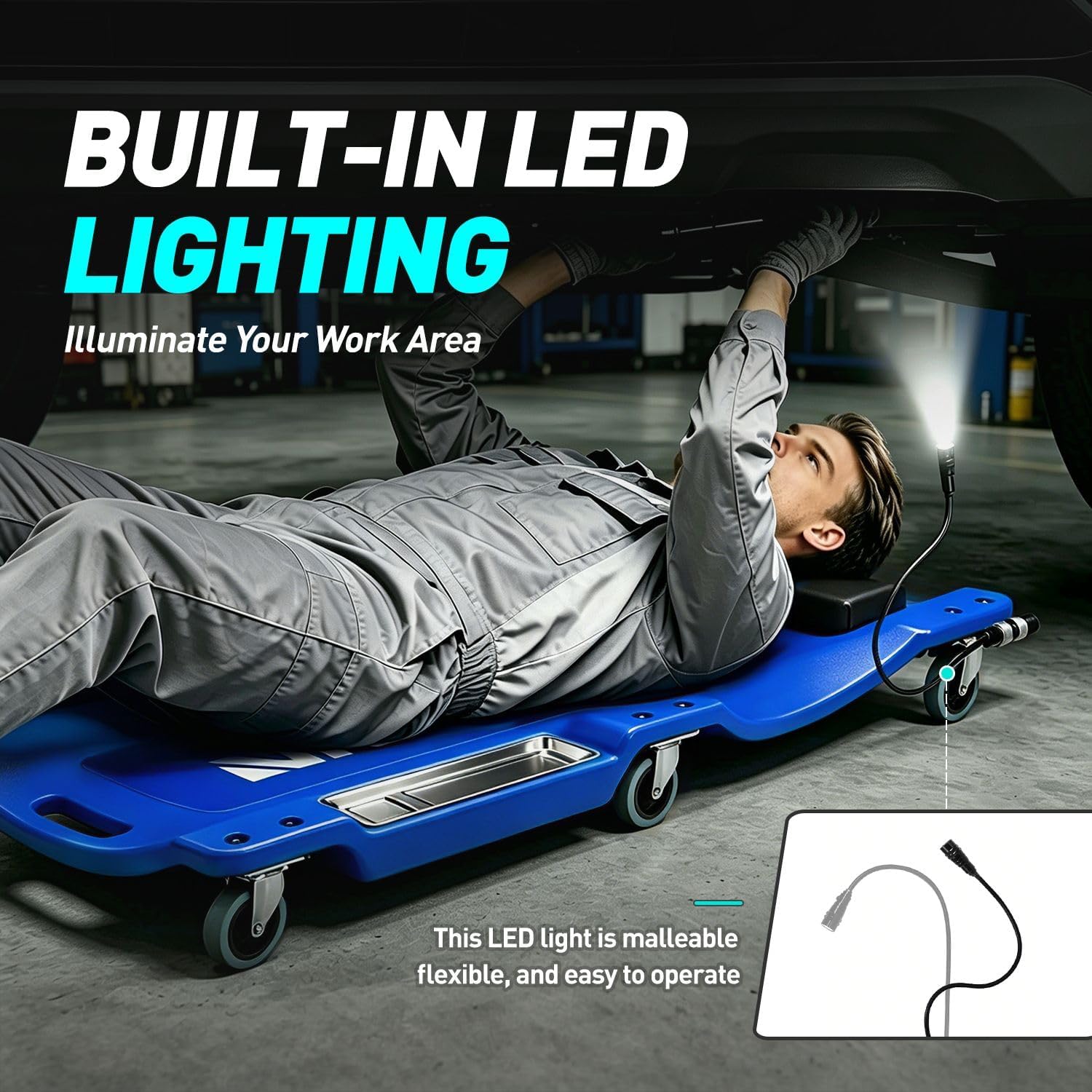 DNA Motoring 40 Inch Low Profile Plastic Rolling Garage Shop Floor Creeper with LED Light, Padded Headrest, Dual Tool Trays, Casters, Blue, TOOLS-00389-BL