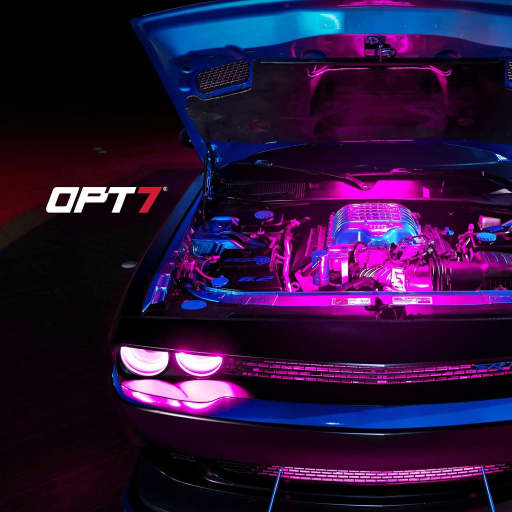 OPT7 Aura Engine Bay RGB LED Light Kit with Remote Control, 4 pc 12" Waterproof Under Hood Light Strips, Multicolor Mode, Exterior Neon Accent Lighting for Cars Trucks SUVs Vans, Universal Car Décor