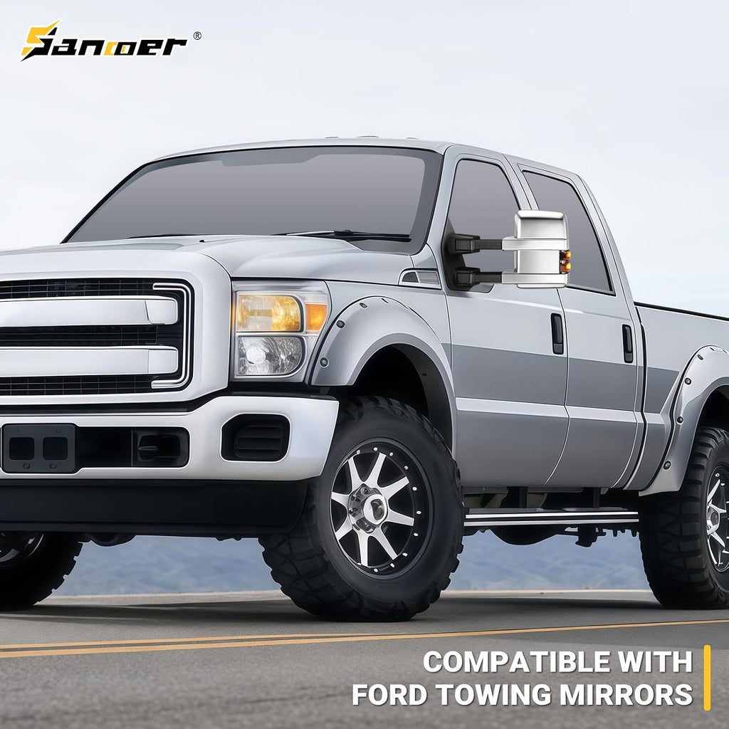 Towing Mirrors for 1999-2016 Ford F250-F550 Super Duty, 2000-2005 Excursion | Turn Signal Running Light Power Adjustable Heated Glass Pair Set with Adapter, Chrome