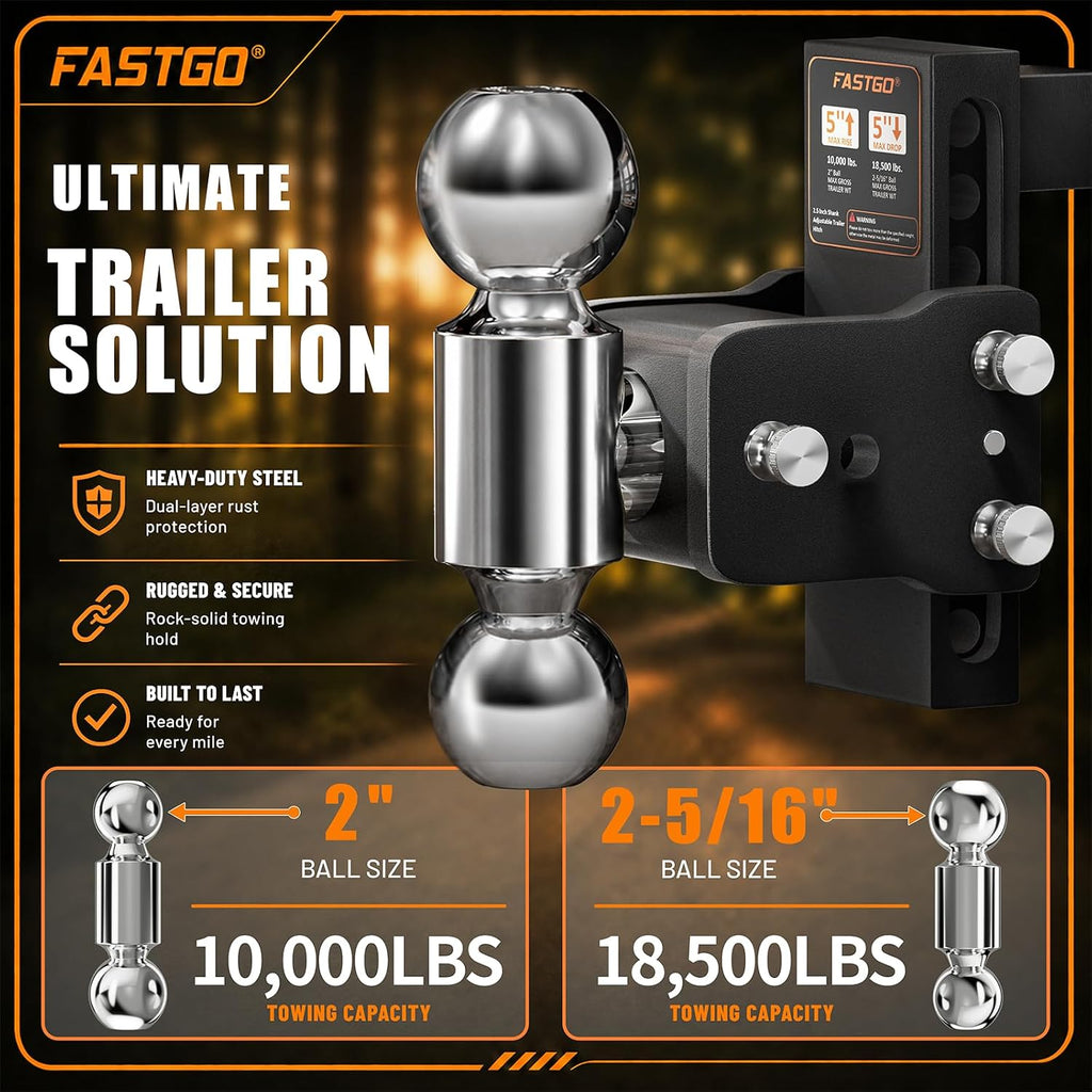 Fastgo Trailer Hitches - Fits 2.5" Receiver, Adjustable Trailer Hitch Ball Mount, Dual Ball (2" x 2-5/16") Tow Hitch, Drop Hitch, Truck Hitch, Anti-Theft, 5" Drop/Rise, 18500GTW
