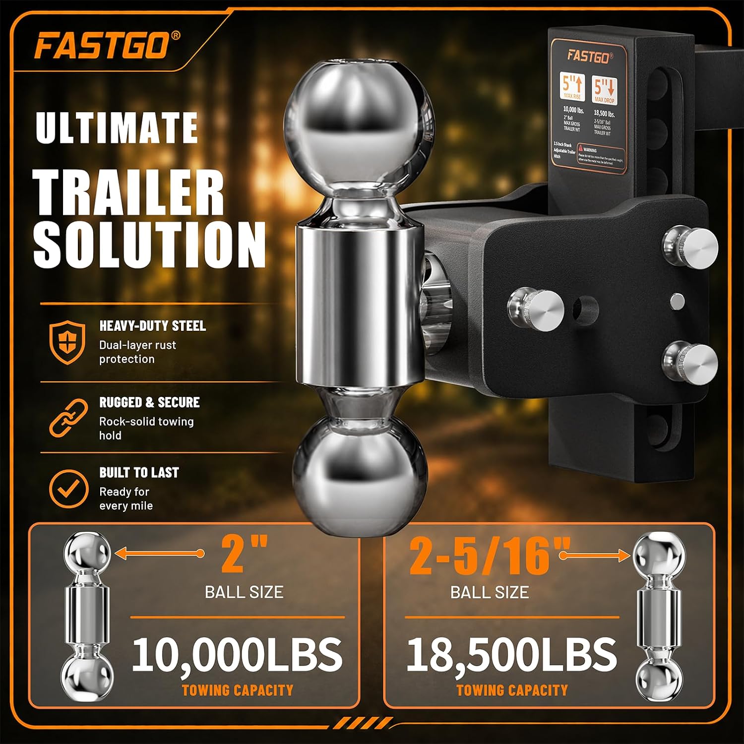 Fastgo Trailer Hitches - Fits 2.5" Receiver, Adjustable Trailer Hitch Ball Mount, Dual Ball (2" x 2-5/16") Tow Hitch, Drop Hitch, Truck Hitch, Anti-Theft, 5" Drop/Rise, 18500GTW