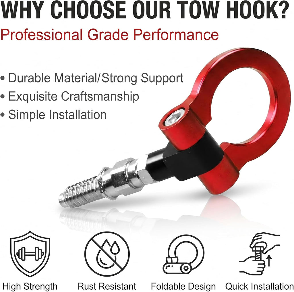 Car Front Bumper Tow Hook, Alloy Racing Style Recovery D-ring, Heavy-duty Rustproof Modification Towing Hook with European Thread, Not Suitable for Japanese Cars Trucks SUVs (Red)