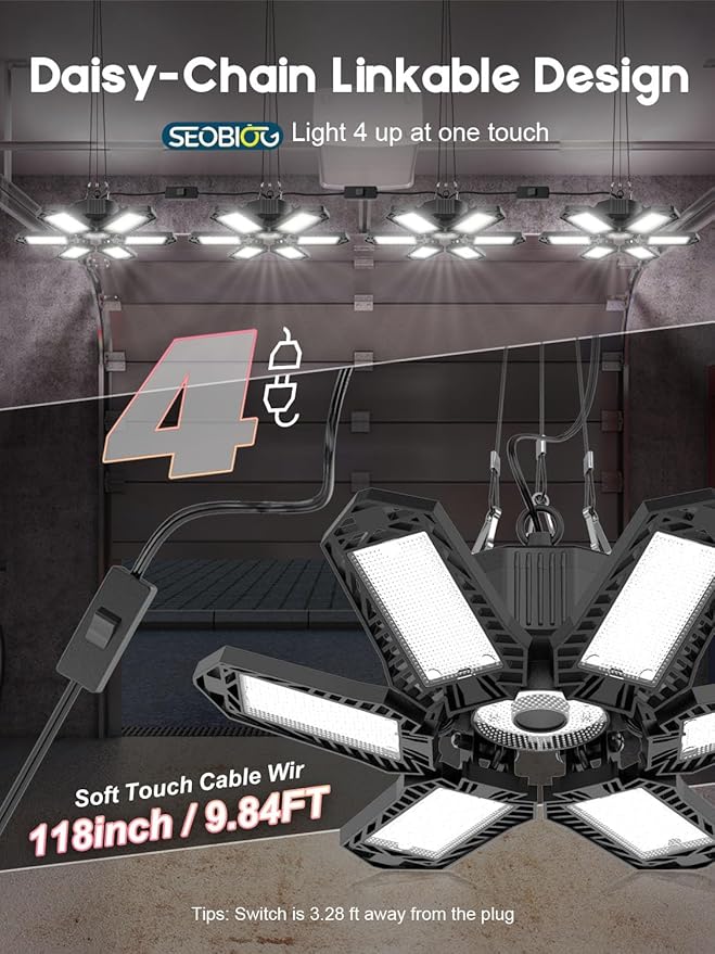 SEOBIOG LED Garage Lights 4 Pack, 200W 20000LM Plug in Linkable LED Shop Light - Image 3