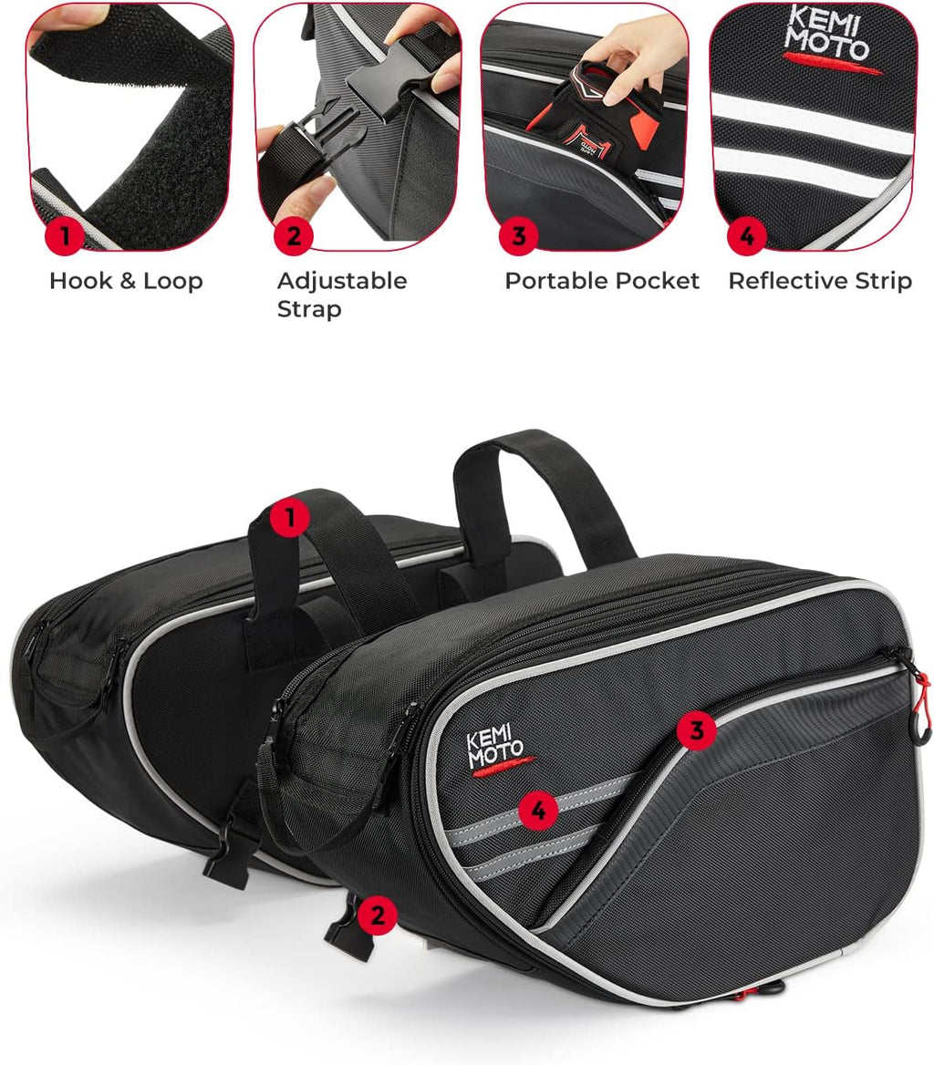 KEMIMOTO Expandable Motorcycle Saddlebags Bag 24-30L (15L*2) Fit for Mini Motorcycle Scooter Sport Bike Dual Sport ADV160 Ruckus Grom Navi Z125 Ninja 400/500 GSX-R600 YZF-R6 Side Bags
