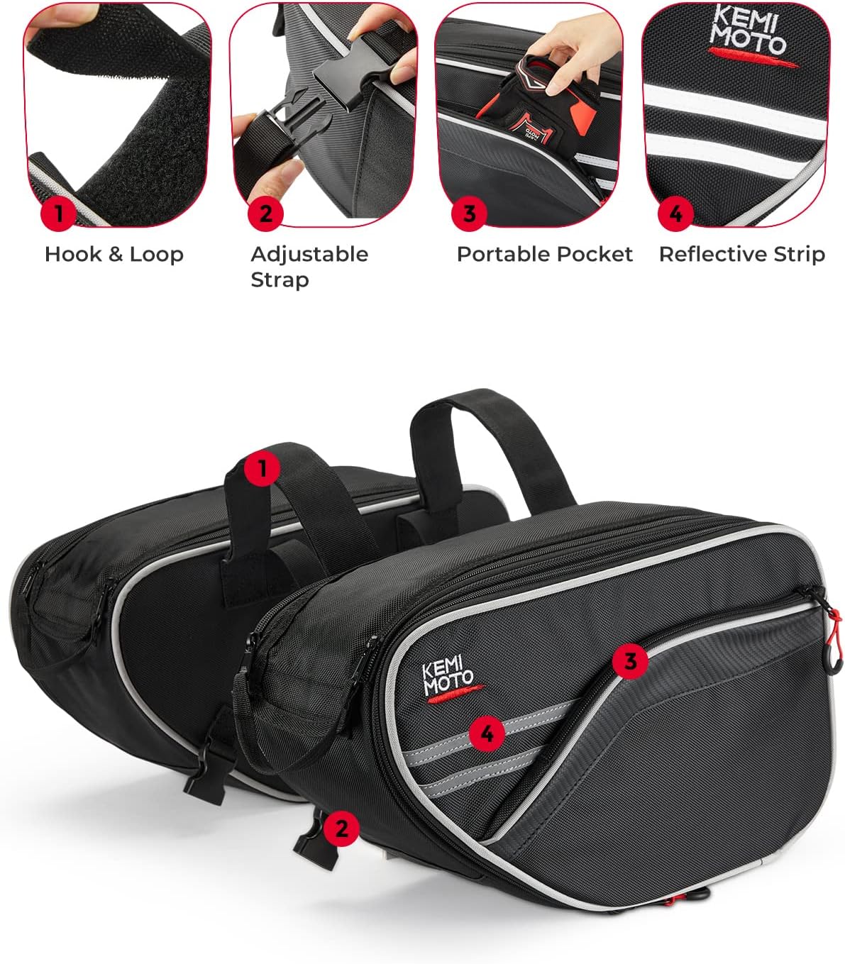 KEMIMOTO Expandable Motorcycle Saddlebags Bag 24-30L (15L*2) Fit for Mini Motorcycle Scooter Sport Bike Dual Sport ADV160 Ruckus Grom Navi Z125 Ninja 400/500 GSX-R600 YZF-R6 Side Bags