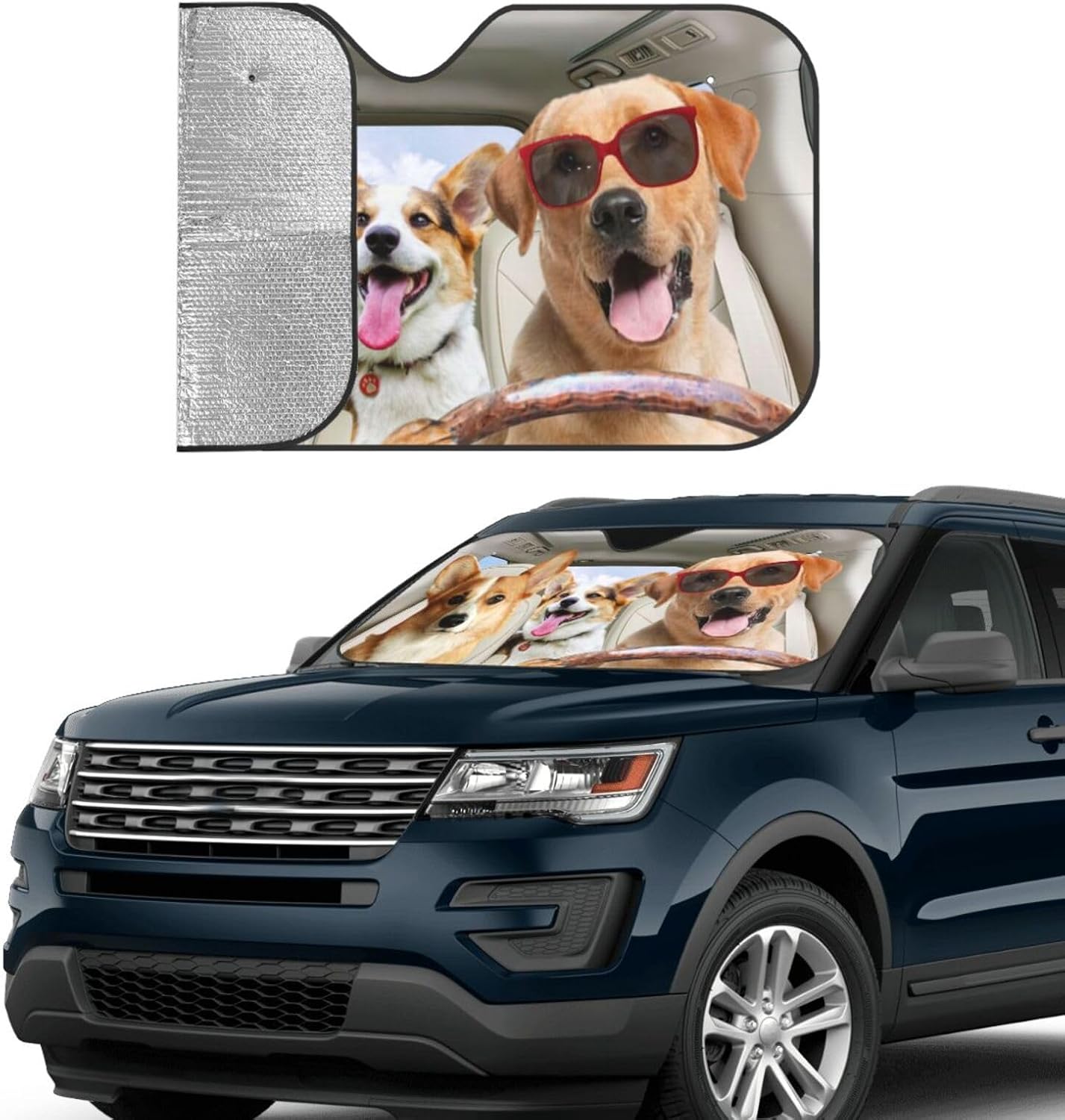 Custom Pet Windshield Sunshade with Photo, Funny Dog Cat Driving Car Front Windshield Sun Shade UV Rays and Keeps Your Vehicle Cool Foldable Auto Sunshade for Car Truck SUV Auto