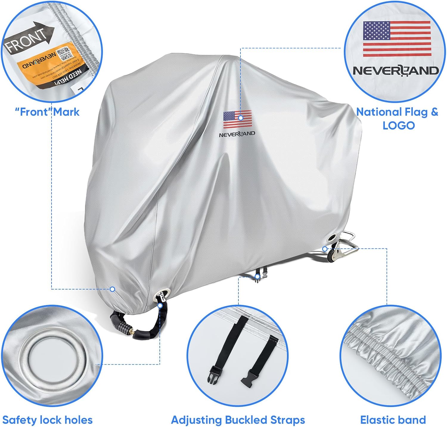 NEVERLAND Motorcycle Cover Waterproof Outdoor - Silver Heavy Duty Scooter Cover, Motorbike Cover with Refletive Logo, Lock-Hole, Bandage, Storage Bag-Protect Against Dust, Debris, Rain and Weather(L)