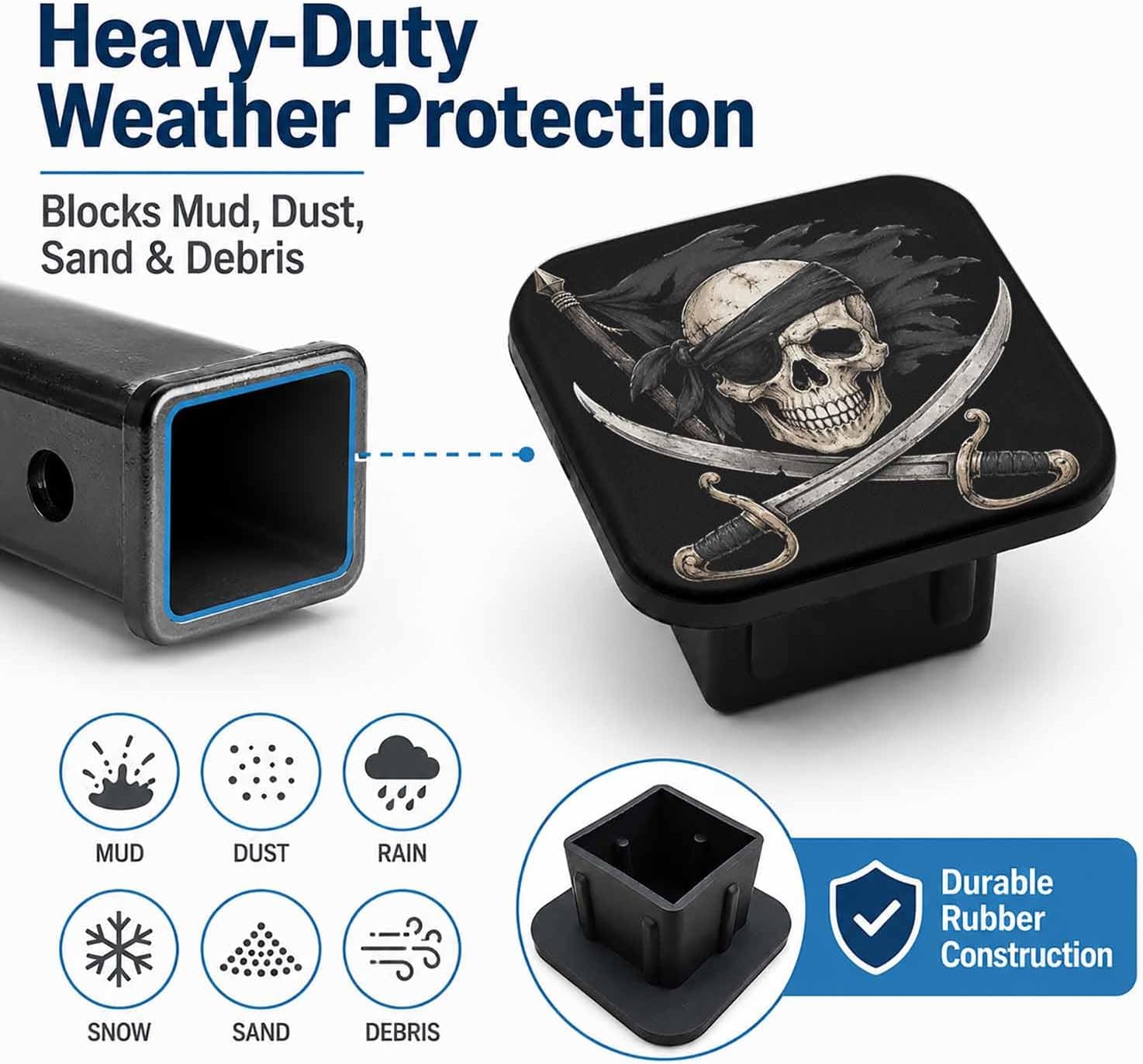 Pirate Skull 2" Hitch Cover, Rubber Towing Hitch Covers Hitch Protector for Camping Travel, Trailer Hitch Cover Tube Plug Insert Car Exterior Accessories for Pickup Trucks