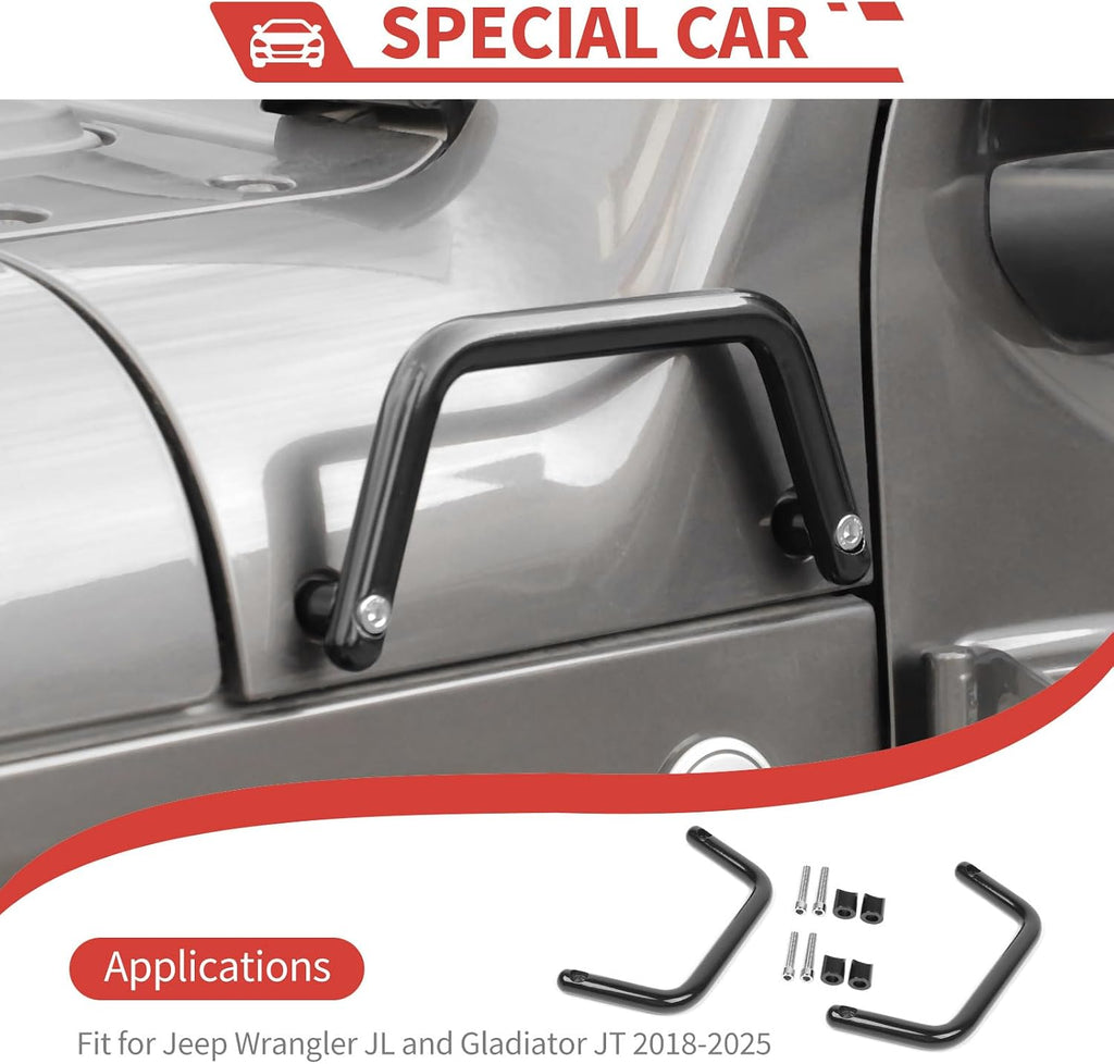 Hood Grab Handles Fit for Jeep Wrangler JL JLU 2018-2026+ / Gladiator JT 2018-2025, 2PCS Black Exterior Hood Corner Grab Bar Kit, Off-Road Exterior Accessories, Direct Fit, Upgrade Your Vehicle
