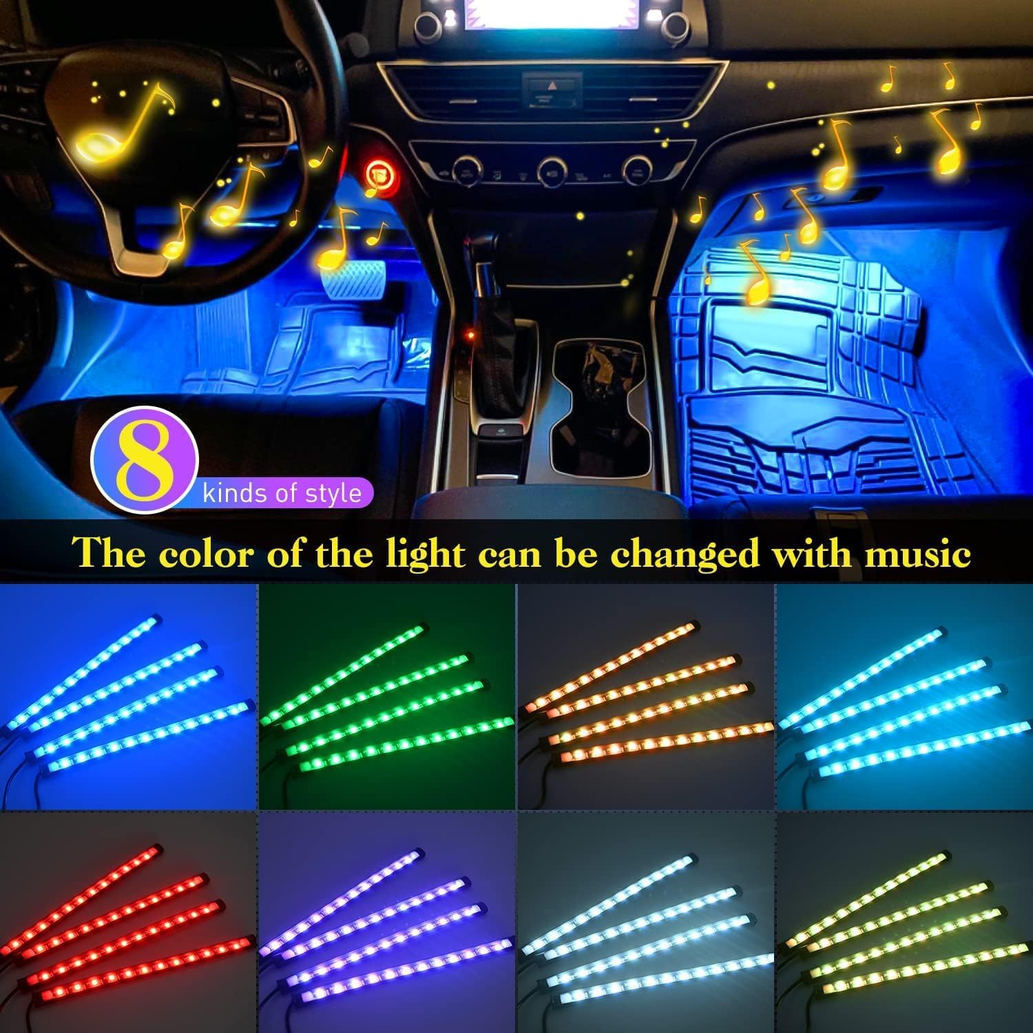 Car LED Strip Lights, 4Pcs 48 LED Interior Lights, Multicolor Music Car Strip Light Under Dash Lighting Kit with Sound Active Function and Remote Controller, DC 12V