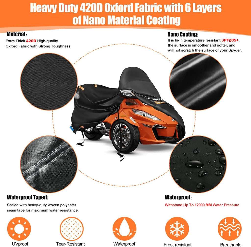 3-Wheel Motorcycle Cover Waterproof, Compatible with Spyders RT Limited F3 S,420D Heavy Duty Oxford Fabric,3 Reflective Strips,Three Wheel Motorcycle Cover Outdoor Protection