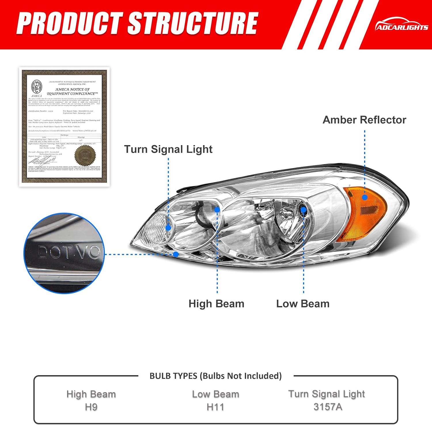 for 2006-2013 Chevy Impala 2006-2007 Chevy Monte Carlo Headlight Assembly Compatible with 2014-2016 Chevy Impala Limited Headlamp Chrome Housing Amber Reflector Replacement Pairs Bulbs Not Included