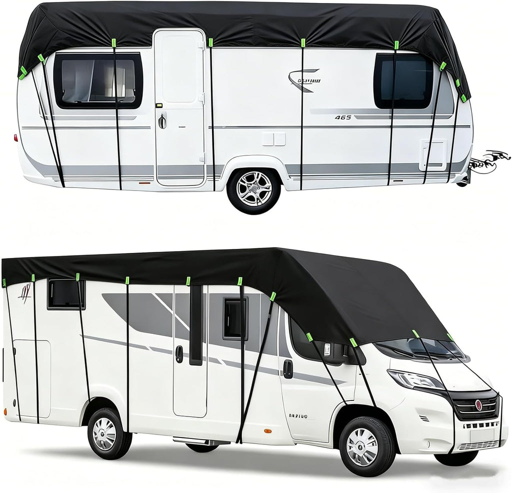 600D Heavy-Duty Wide Width RV Roof Cover — Featuring Reflective Strips,Camper roof Cover, Waterproof UV Resistant, Travel Trailers, Class C/B/A Motorhomes, Popup & Truck Campers,RVs, Black 8.5m*3.3m