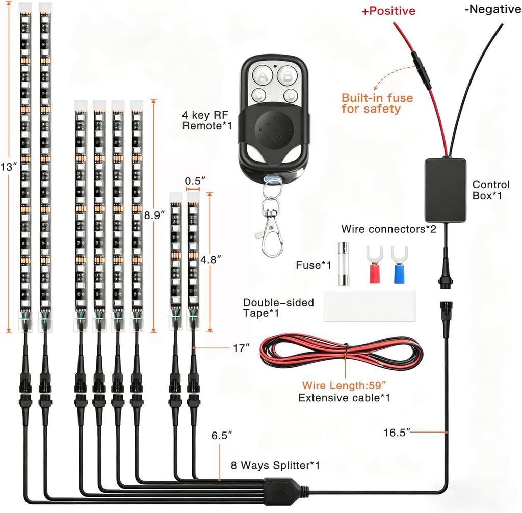 Nilight 8PCS Motorcycle RGB Led Light Kit Waterproof Multi-Color Atmosphere Lights Lamp with 4Key RF Wireless Remote for Harley Davidson Honda Kawasaki Suzuki, 2 Years Warranty (TL-42)