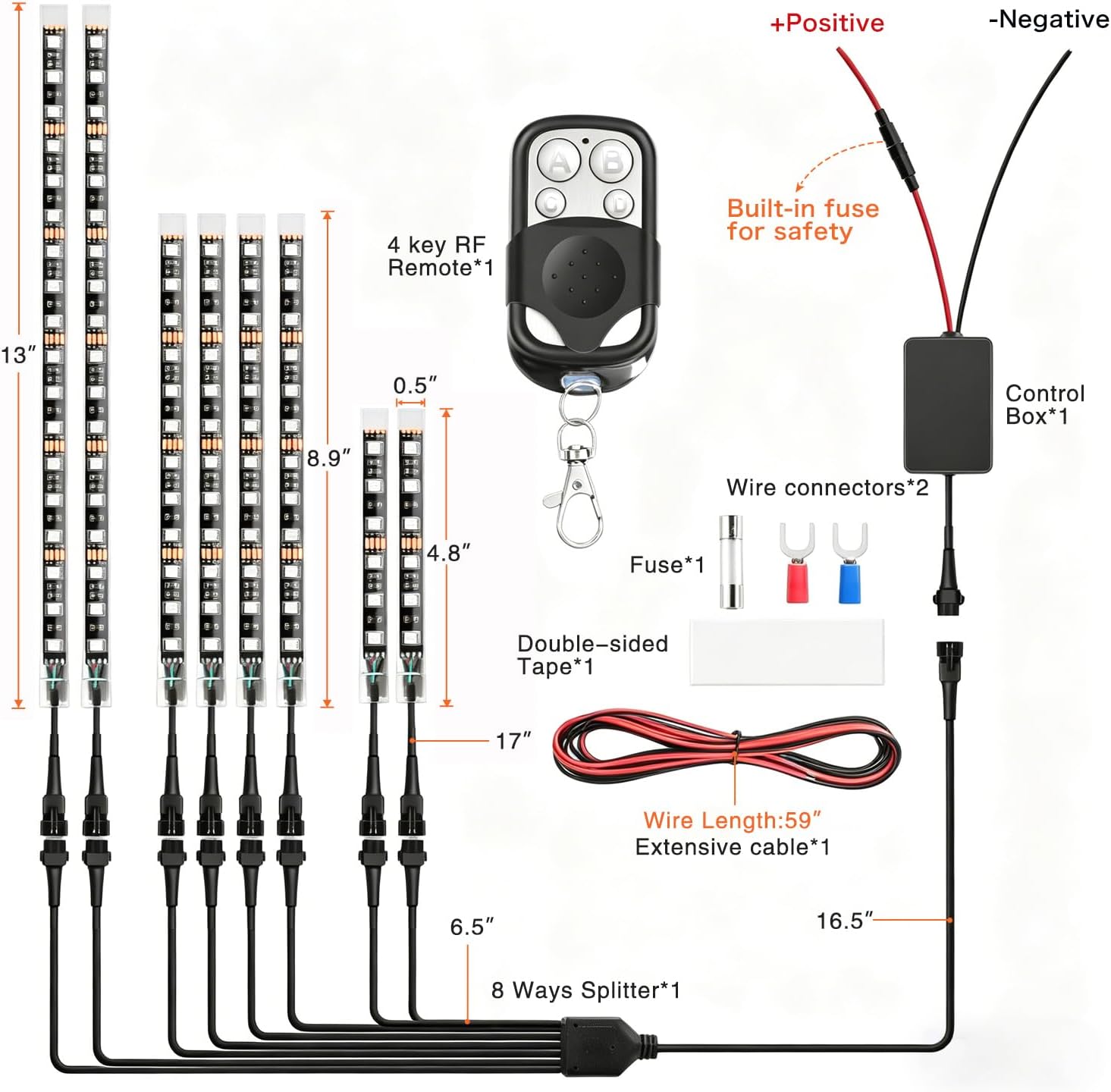 Nilight 8PCS Motorcycle RGB Led Light Kit Waterproof Multi-Color Atmosphere Lights Lamp with 4Key RF Wireless Remote for Harley Davidson Honda Kawasaki Suzuki, 2 Years Warranty (TL-42)