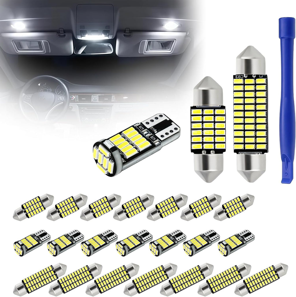24 PCS Car LED Lights Interior Kit, T10 31mm 41mm LED Dome Lights Interior Replacement for Car Map, License Plate, Door, Side Marker, Cornering & Trunk Bulbs (Cool White)