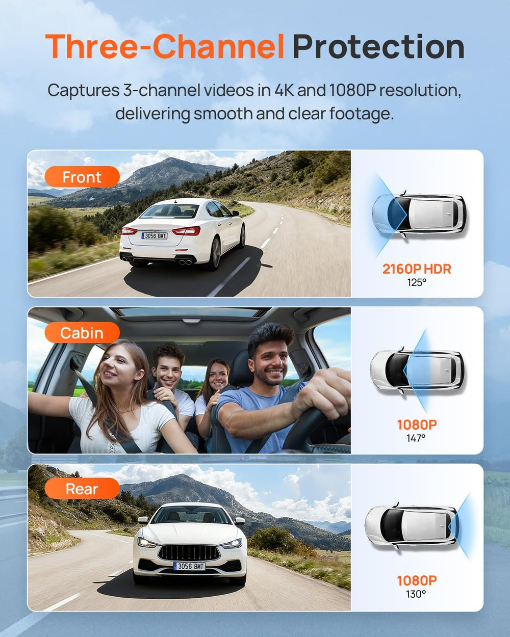 70mai 4K Dash Cam Front and Rear Inside, 3 Channel Car Dash Camera for Cars, ...