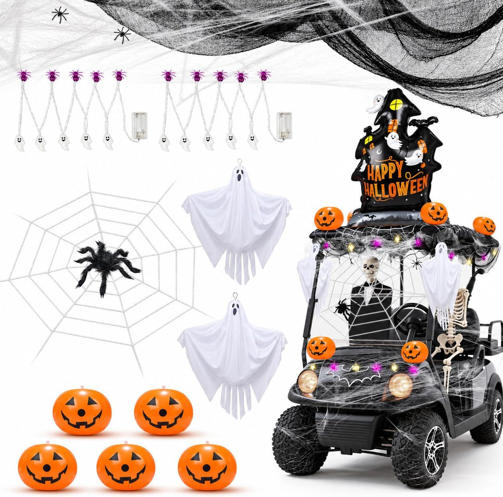 Halloween Golf Cart Decorations Kit, Ghosts, Spider Web, Pumpkins, Lights
