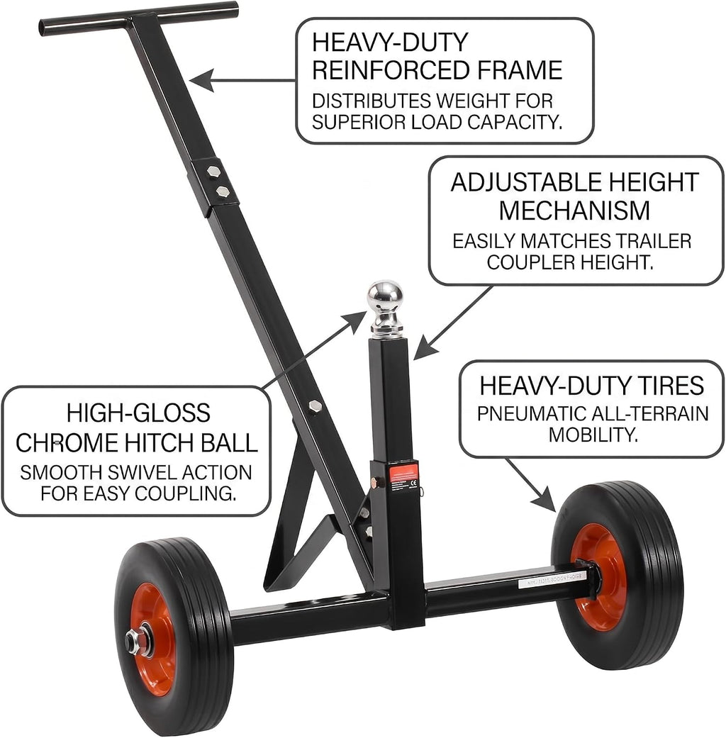 Trailer Dolly 600lbs Capacity, Carbon Steel Trailer Mover with 1-7/8 inch Hitch Ball and 10 inch Flat-Free Tires, Adjust