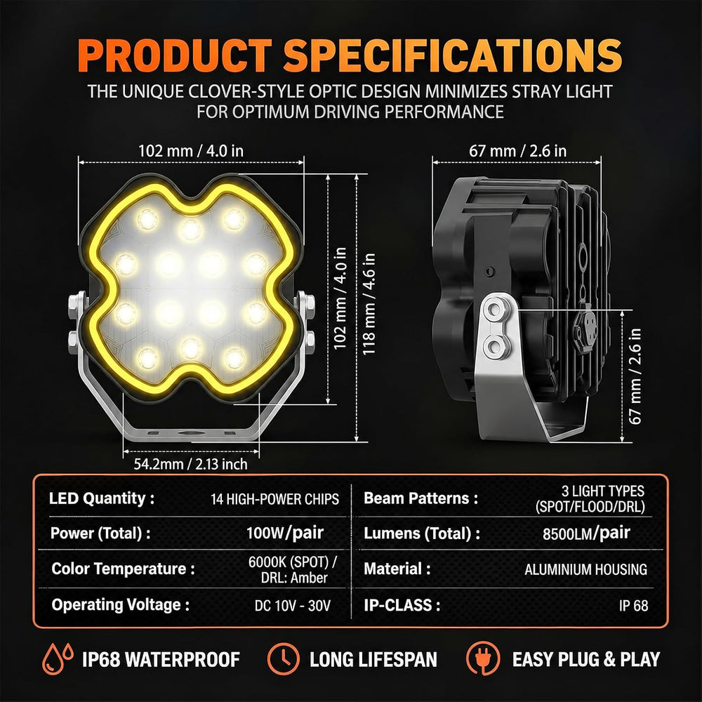 4 Inch 100W LED Pod Lights Amber DRL Clover Series Off Road Light Pods
