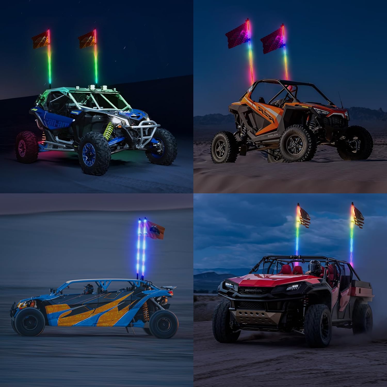 Ehaho 2PCS 3FT Whip Lights for UTV ATV, Spring Base, Tri-Brighter, 6 Flags | Spiral Chasing Led Whip Light, W/Rocker Switch, 366 Patterns, APP & Remote Control Lighted Antenna Whip for RZR SXS Can-Am