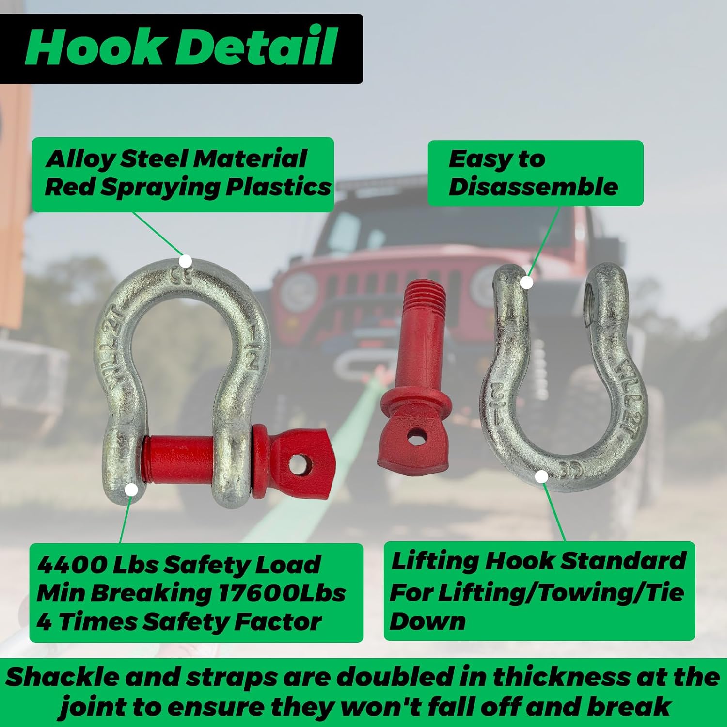 HENBOW Lift Sling Straps with Swivel Lifting Hook and D Ring Shackle,6.5'X2 Heavy Duty Flat Lift Sling 17600 lbs Capacity，Web Sling for Hoist Car Tree Saver Winch Recovery