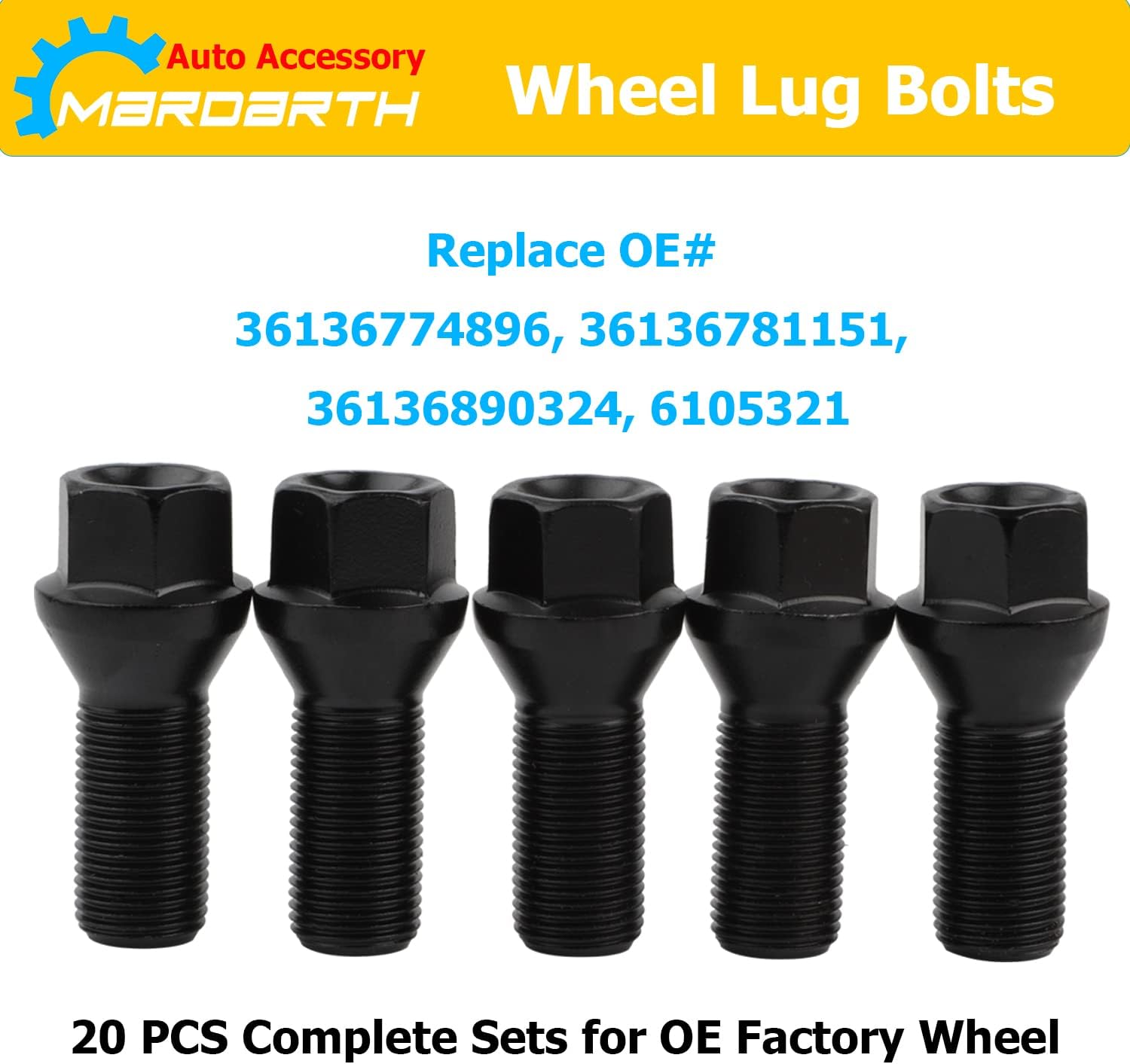 14mm x 1.25 Wheel Lug Bolts OE Factory Lug Studs 36136781151 Compatible with F30 F35 F10 F25 X3 E70 X5, Pack of 5