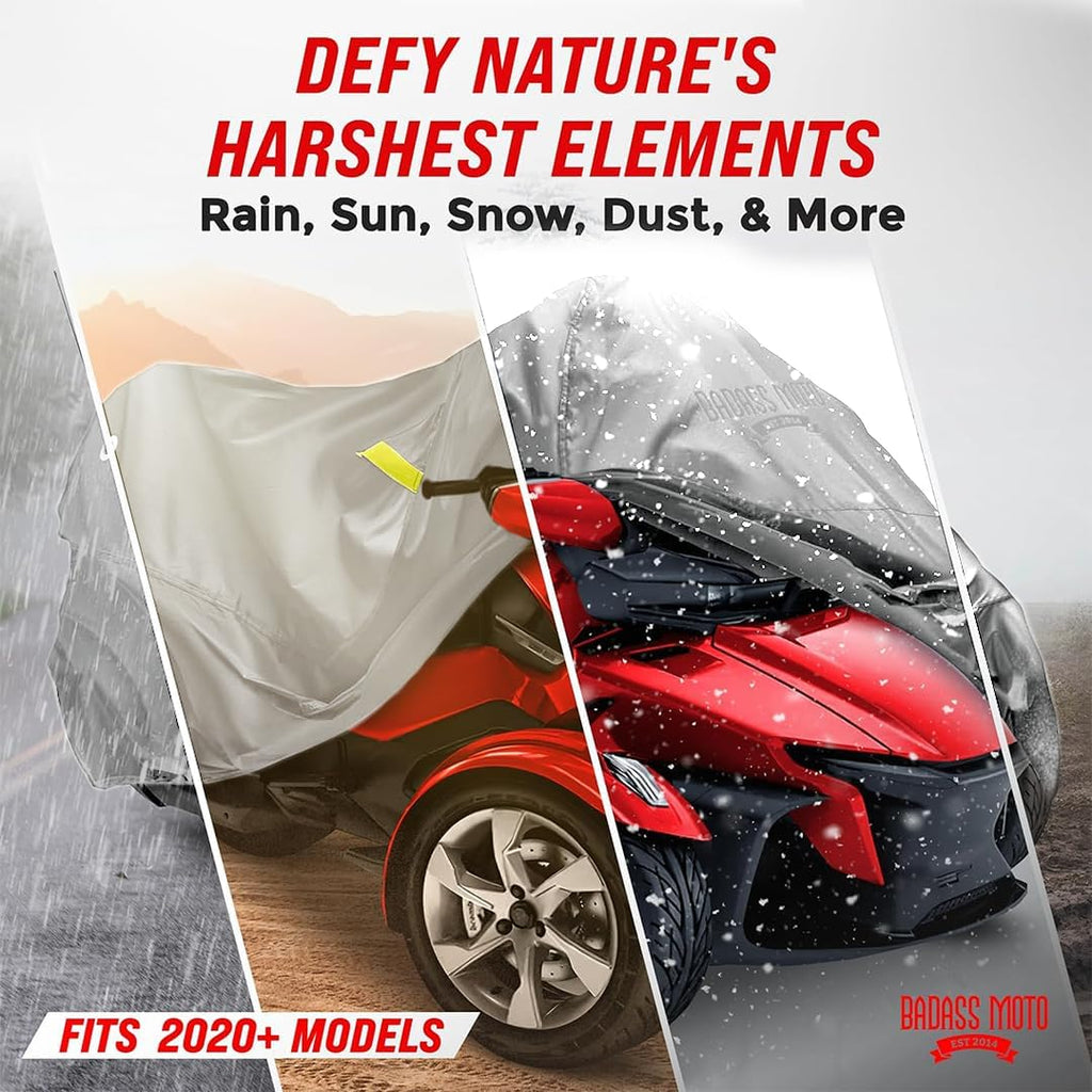 Badass Moto Waterproof for Can-Am Spyder RT Limited Cover 2020-2026, Gray | All-weather waterproof outdoor storage; fits Can-Am Spyder RT Limited cover 2020-2026 Sea to Sky; Spyder RT cover