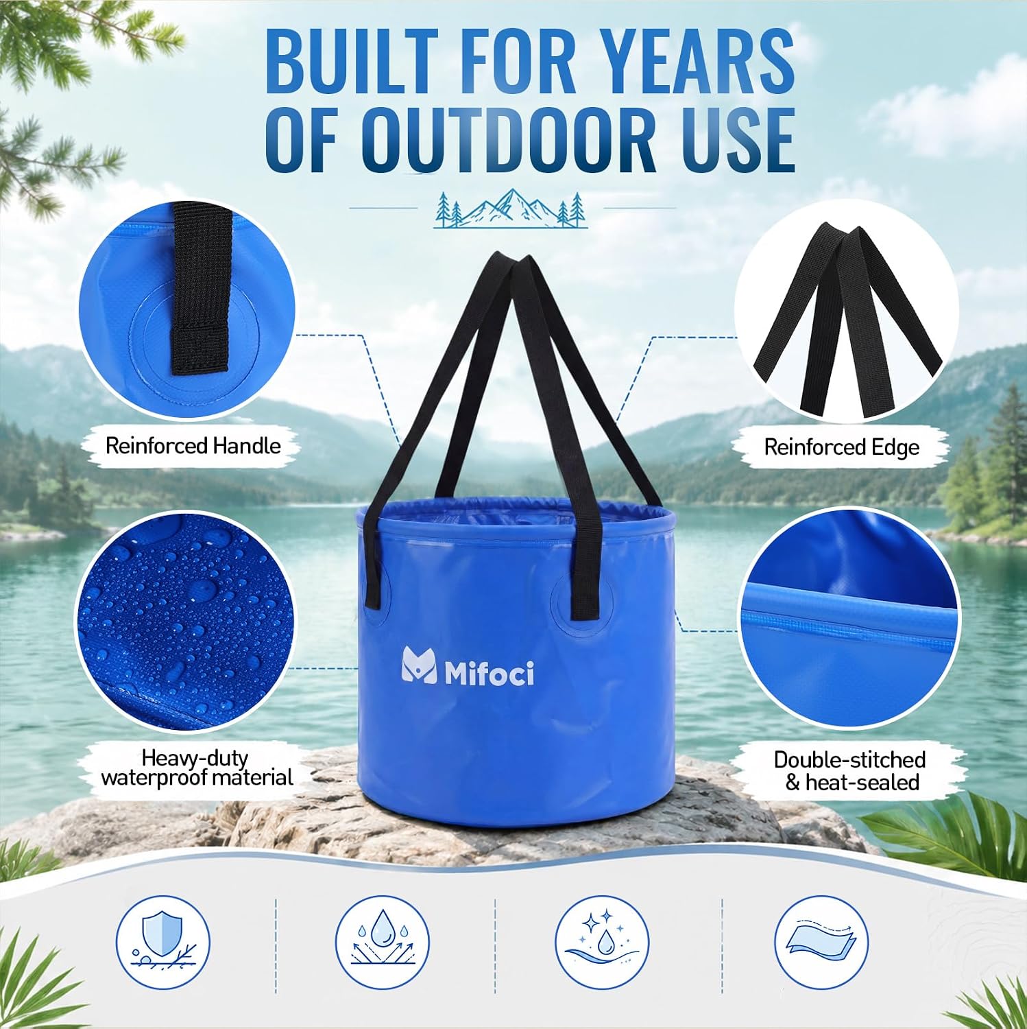 Mifoci 2 Pcs Collapsible Bucket 5 Gallon and 8 Gallon with Handle Portable Foldable Bucket for Camping Fishing Sturdy Leakproof Collapsible Cleaning Buckets for Car Wash RV Outdoor (Black,Dark Blue)