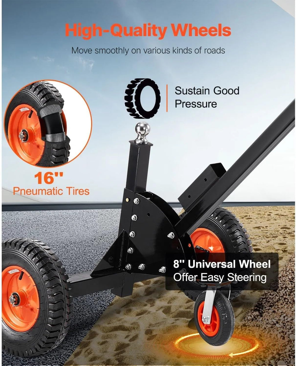 Trailer Dolly with 1500 Lbs Tongue Weight, 2 Inch Ball, 16 Inch Pneumatic Tires and Universal Wheel, Portable Tow Mover for RV & Car Trailers